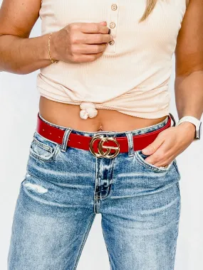 Added Touch Faux Leather Belt with Gold CG Belt Buckle, Red