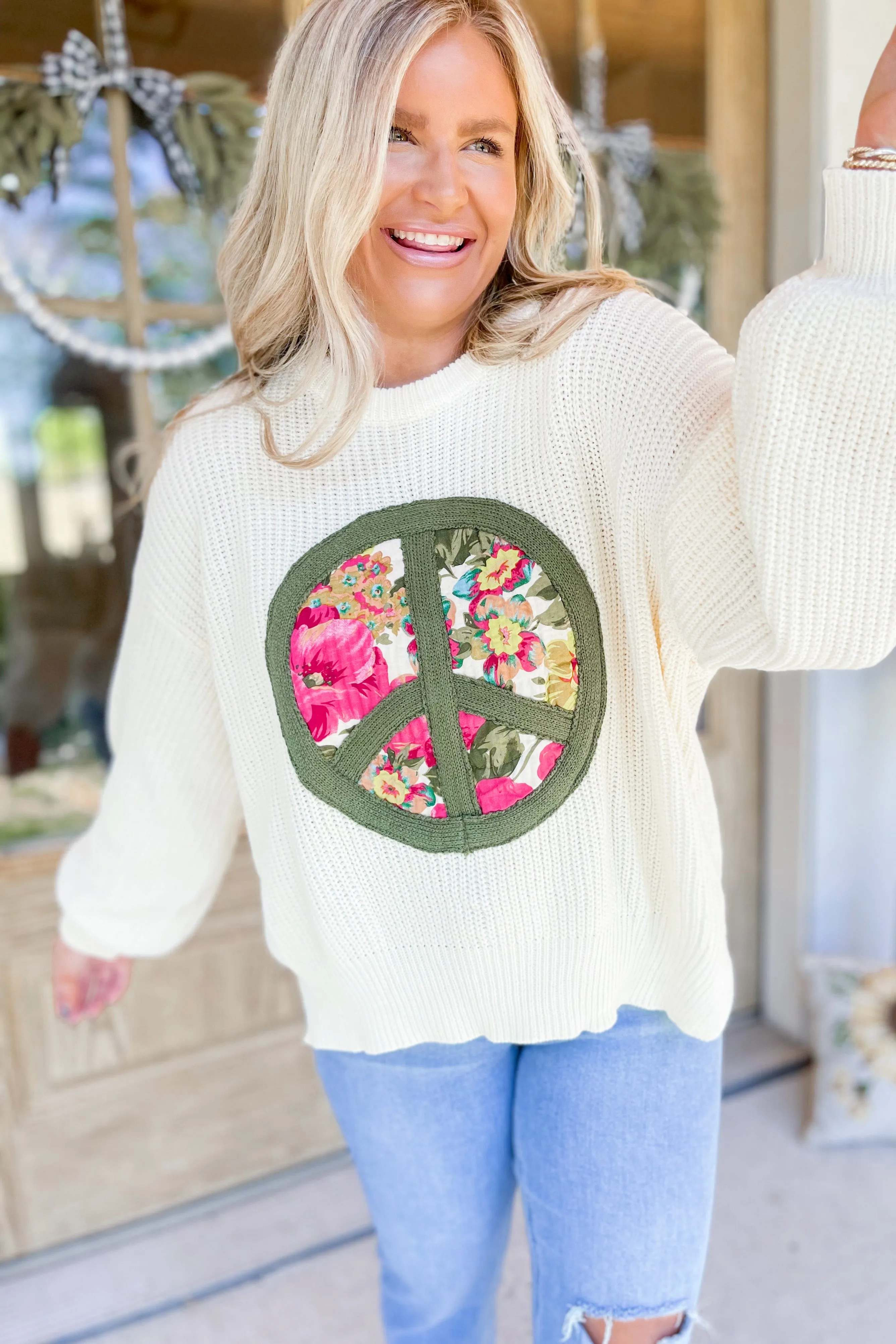 Aiden Round Neck Balloon Sleeve Floral Prince Peace Patch Sweater *FINAL SALE*
