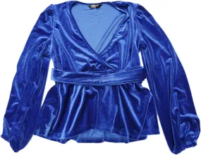 Allegra K Velvet Blouses for Women's Elegant Tie Waist Long Sleeve V Neck Wrap Peplum Blouse Top