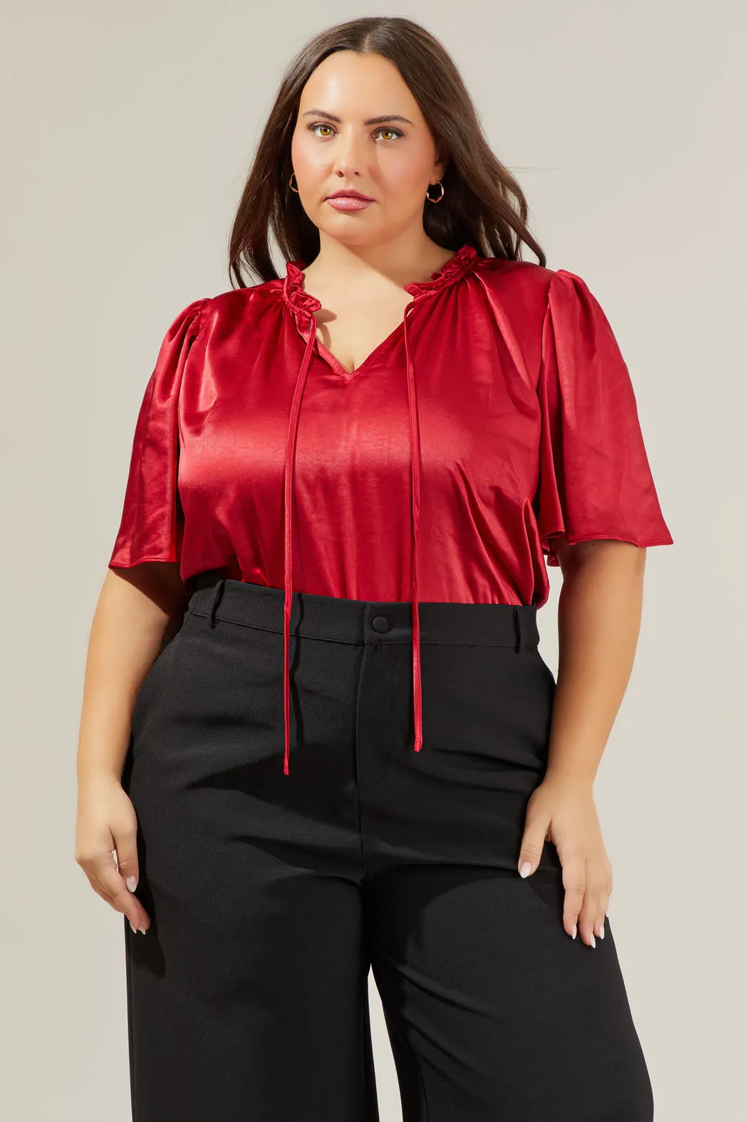 Angela Satin Tie Neck Flutter Sleeve Blouse Curve