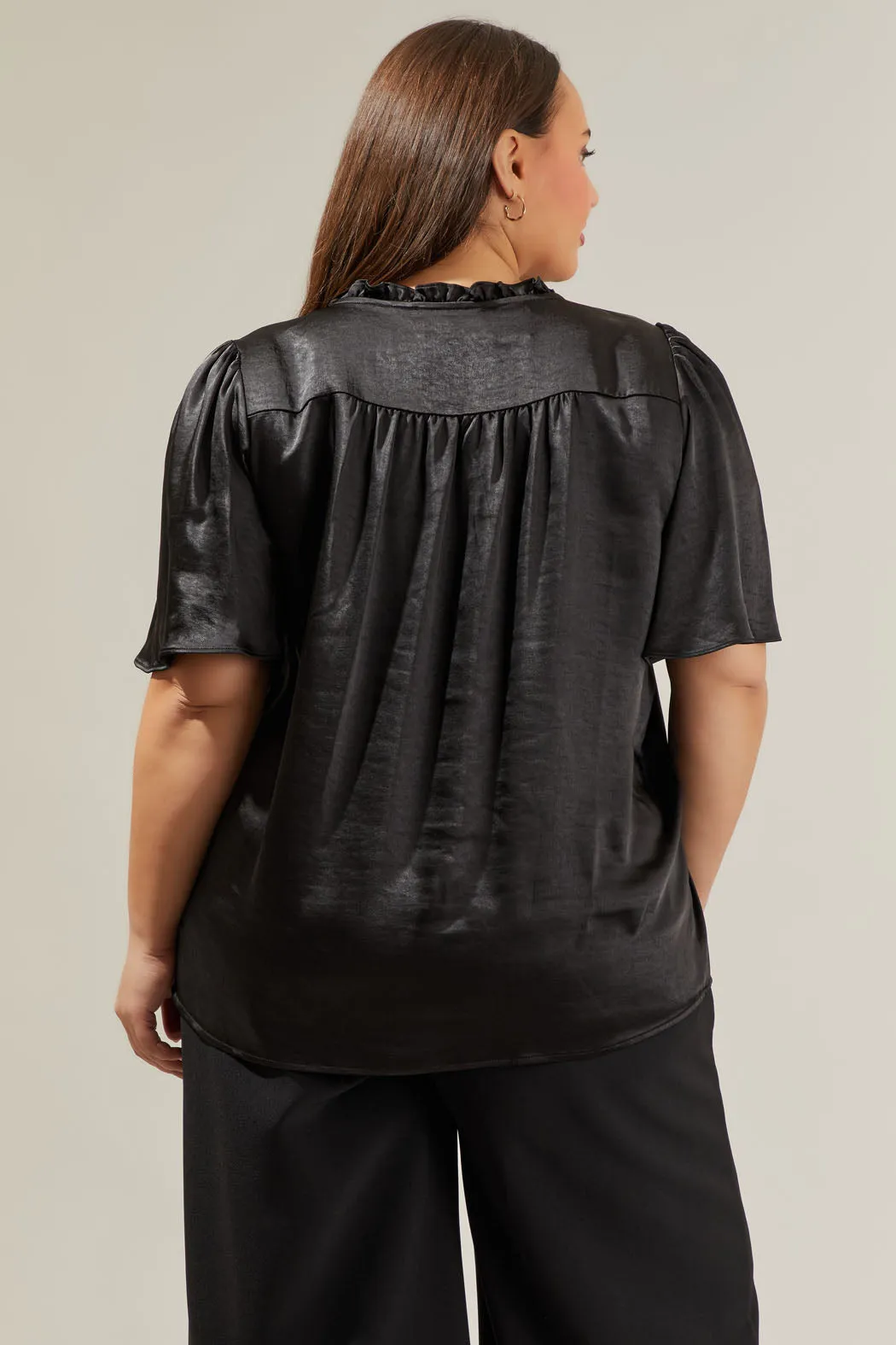 Angela Satin Tie Neck Flutter Sleeve Blouse Curve