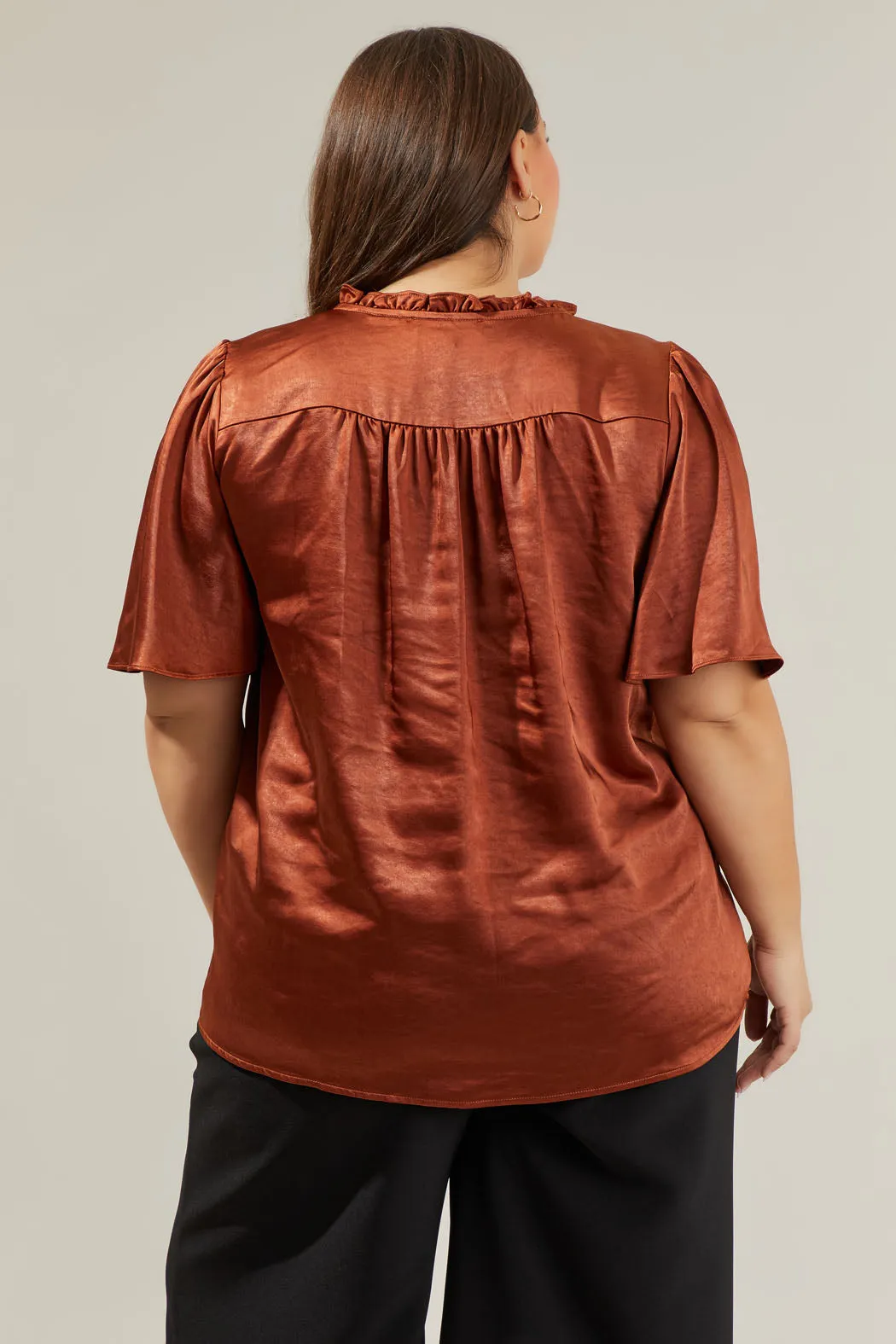 Angela Satin Tie Neck Flutter Sleeve Blouse Curve