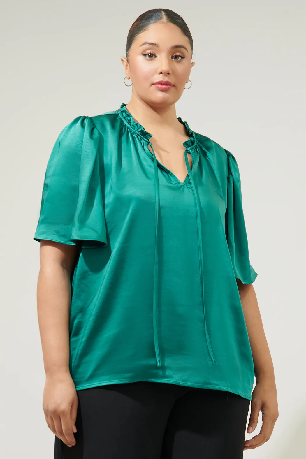 Angela Satin Tie Neck Flutter Sleeve Blouse Curve