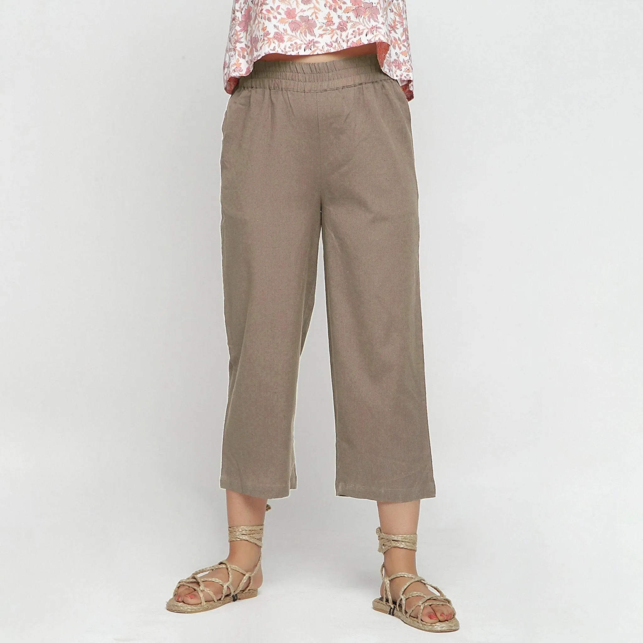 Beige Cotton Flax Elasticated Midi-Rise Culottes