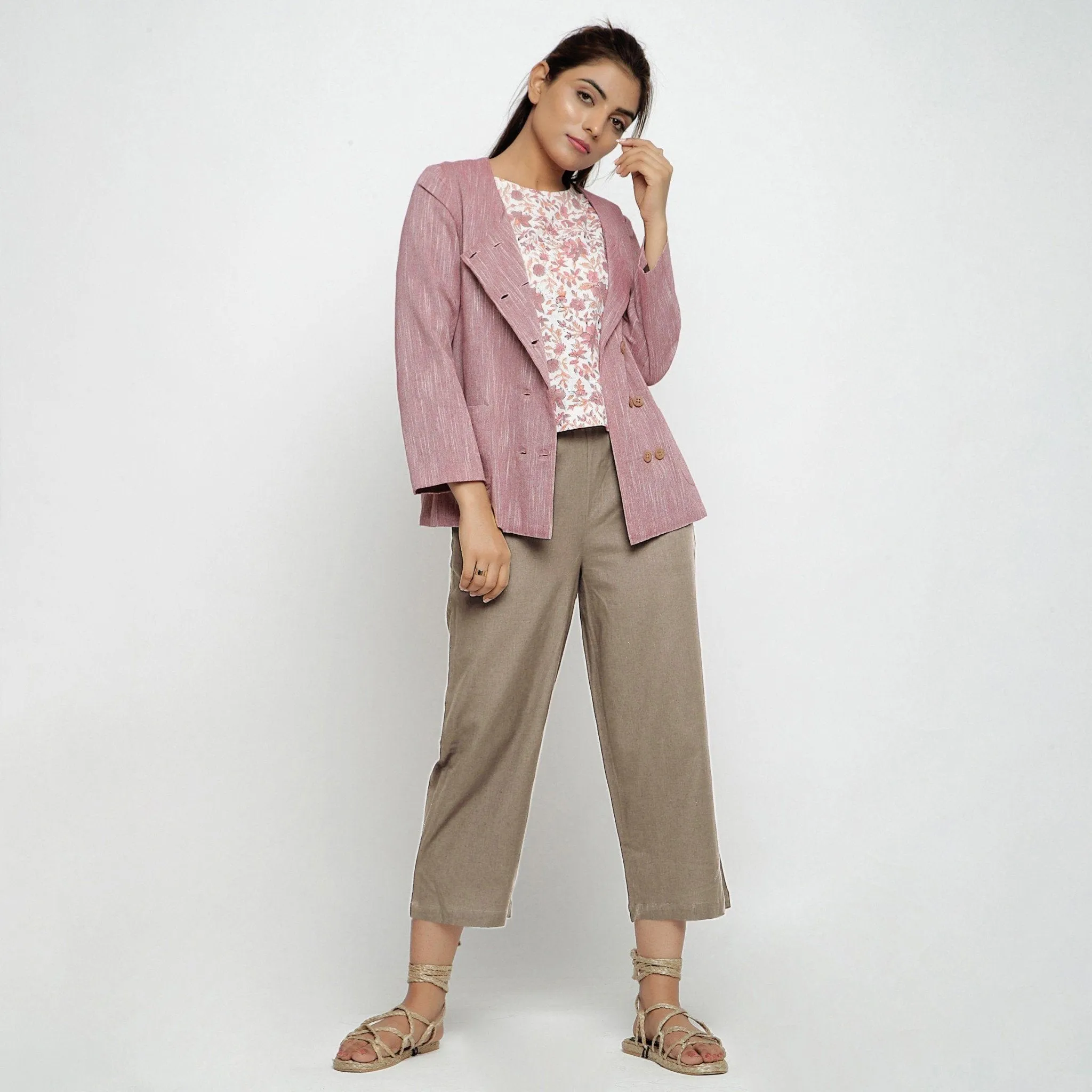 Beige Cotton Flax Elasticated Midi-Rise Culottes