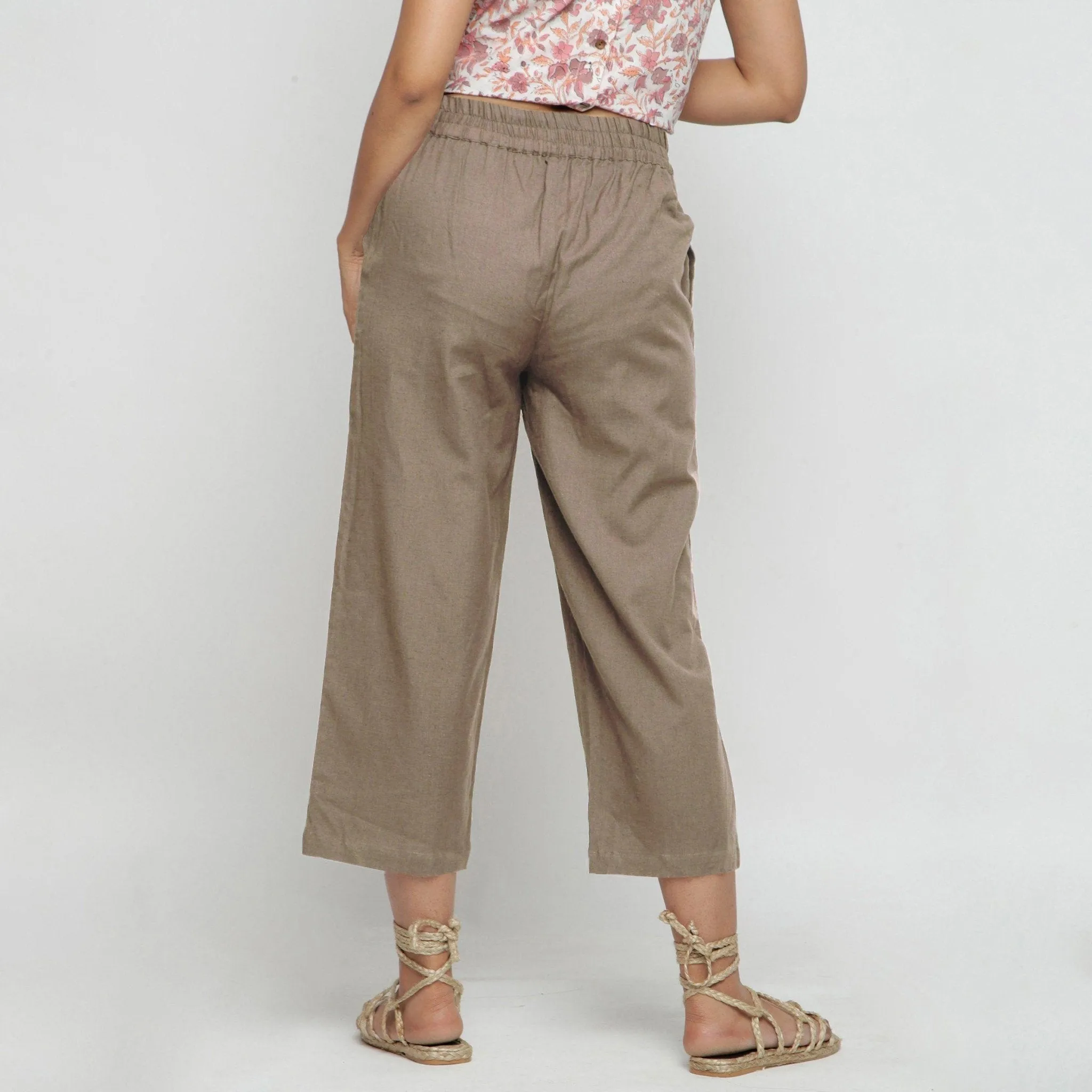 Beige Cotton Flax Elasticated Midi-Rise Culottes