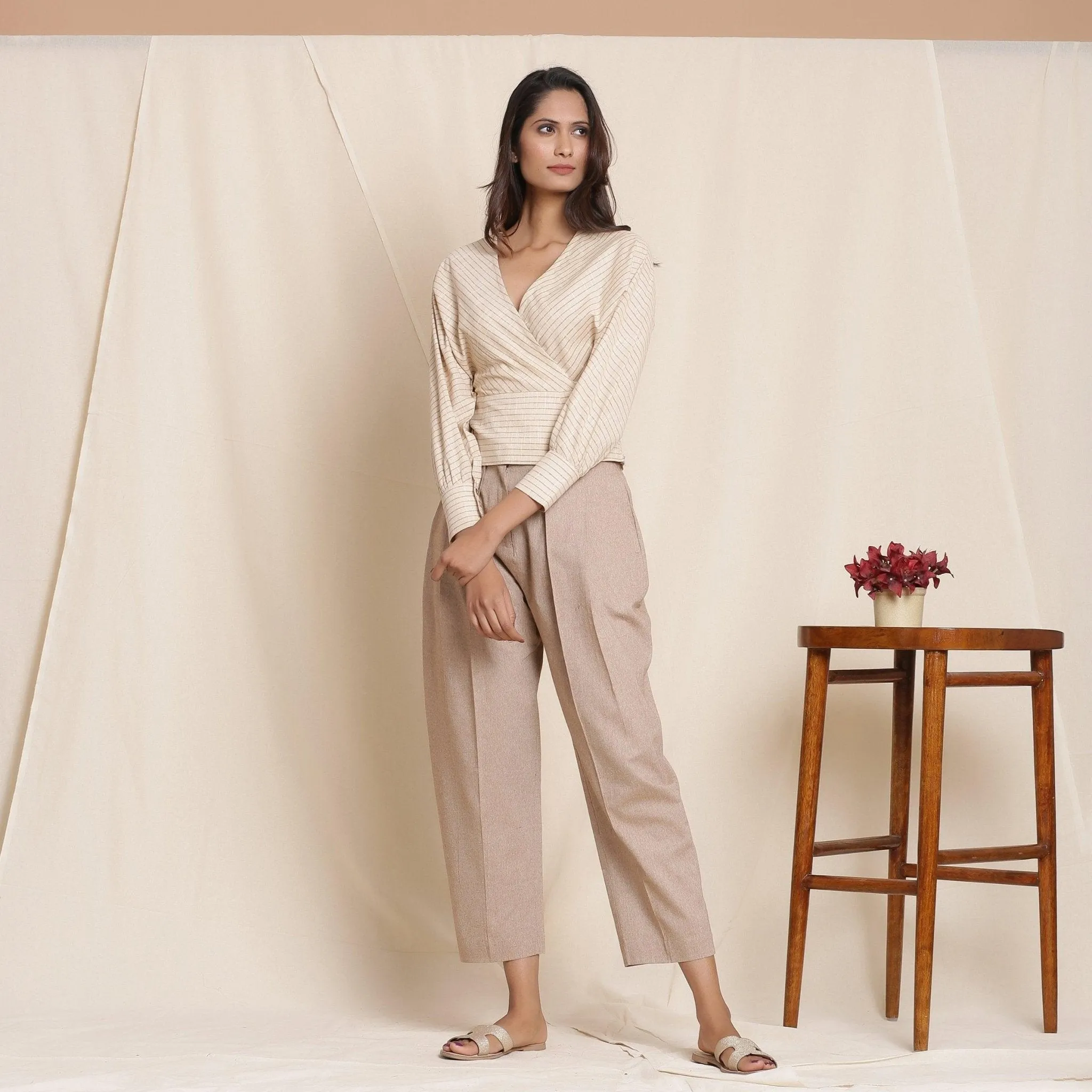 Beige Striped Surplice Neck Cotton Blouson Wrap Top