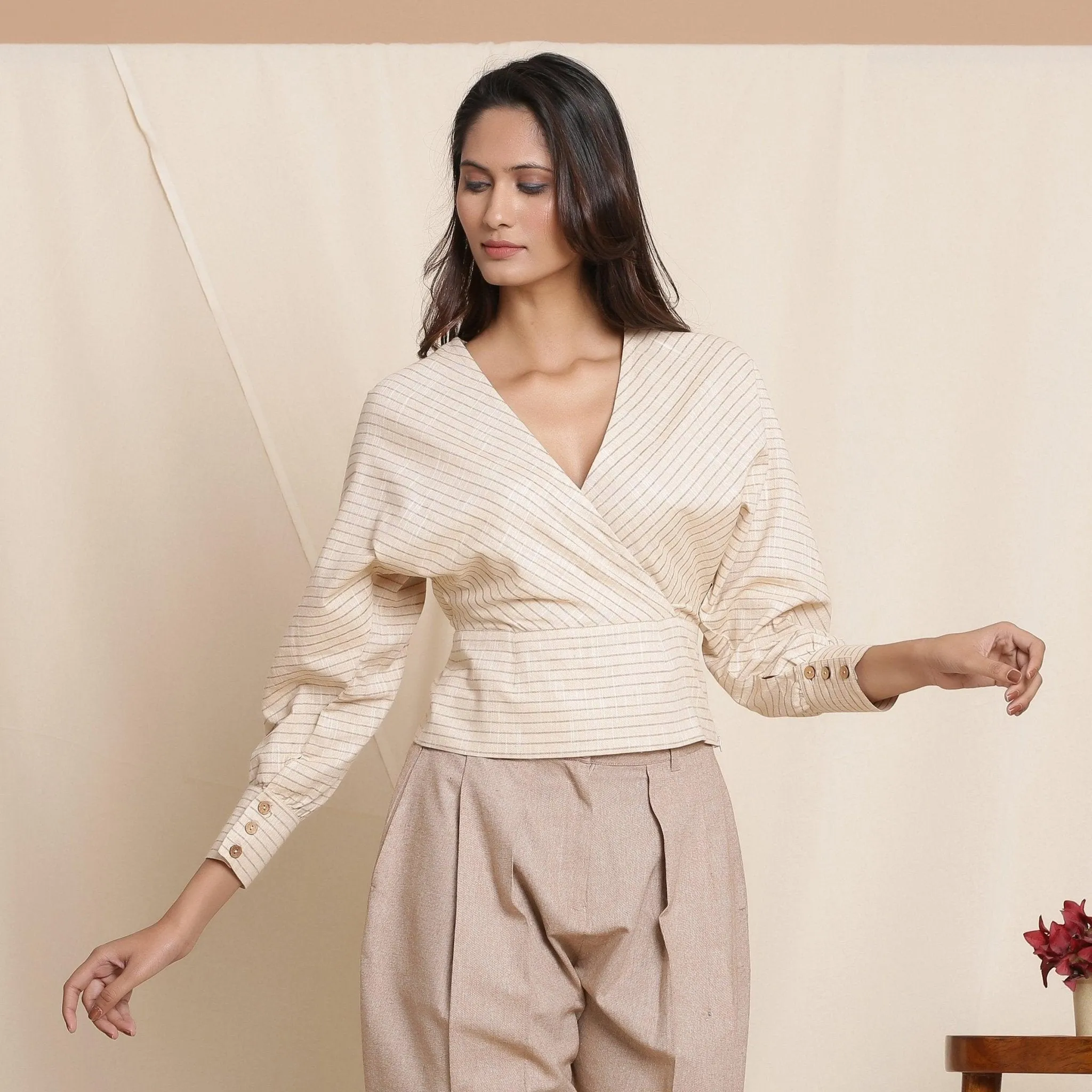 Beige Striped Surplice Neck Cotton Blouson Wrap Top
