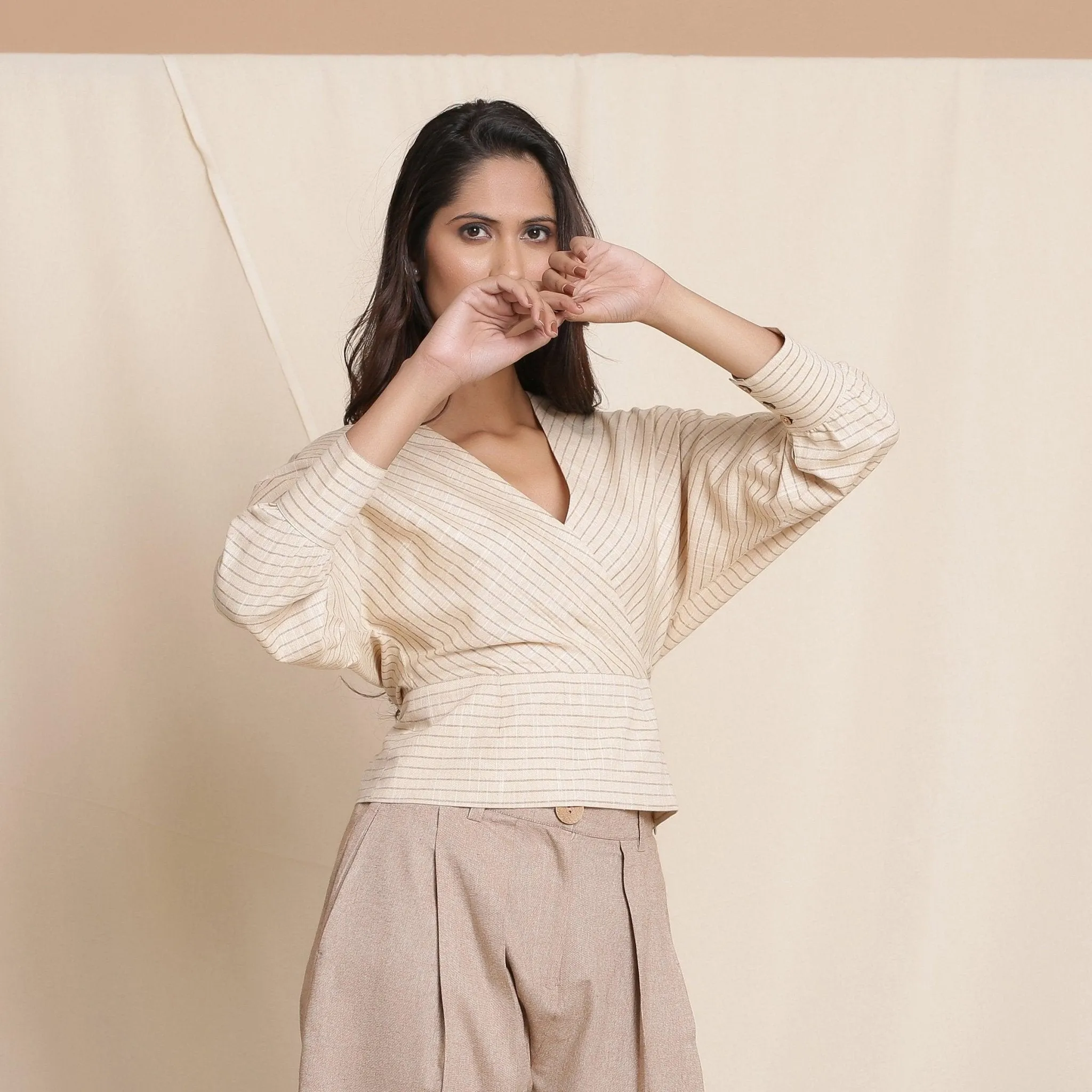 Beige Striped Surplice Neck Cotton Blouson Wrap Top