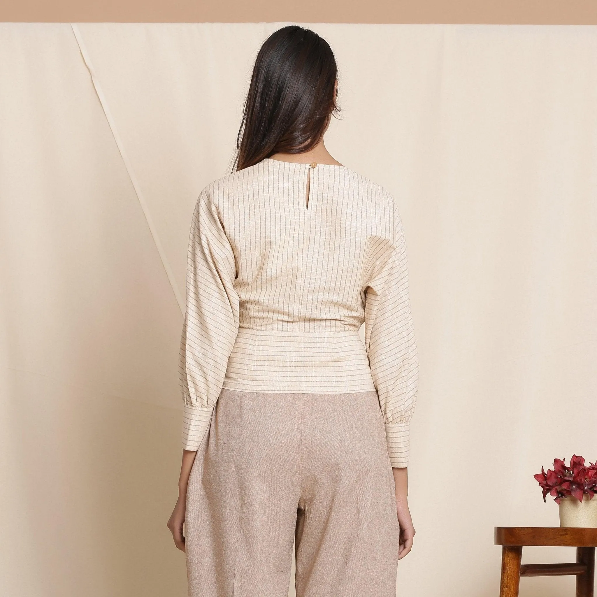 Beige Striped Surplice Neck Cotton Blouson Wrap Top