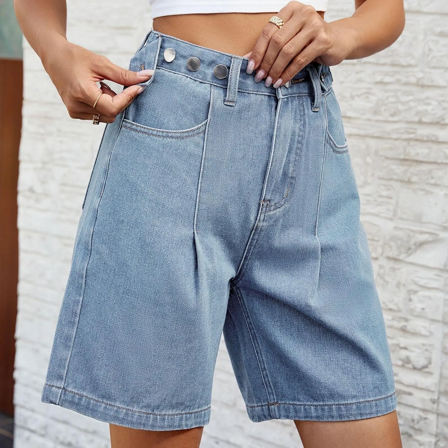 Bermuda Jean Shorts for Women Adjustable Button High Waisted Stretchy Loose Fit Trendy Casual Denim Short with Pockets
