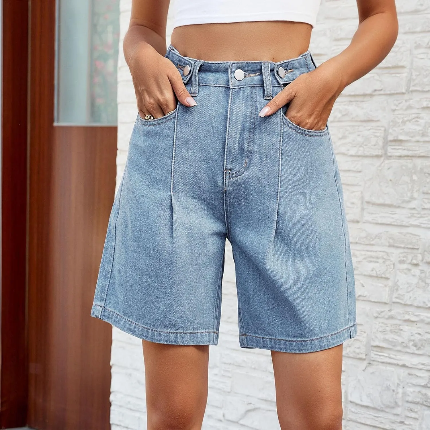 Bermuda Jean Shorts for Women Adjustable Button High Waisted Stretchy Loose Fit Trendy Casual Denim Short with Pockets