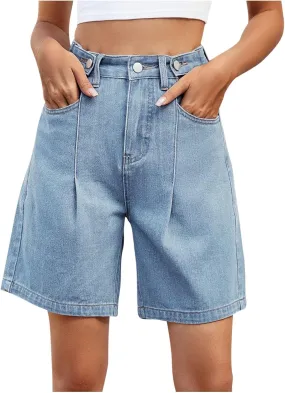 Bermuda Jean Shorts for Women Adjustable Button High Waisted Stretchy Loose Fit Trendy Casual Denim Short with Pockets