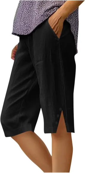 Bermuda Shorts for Women Plus Size Dressy Casual High Waisted Linen Capri Pants Summer Beach Cropped Pants with Pockets
