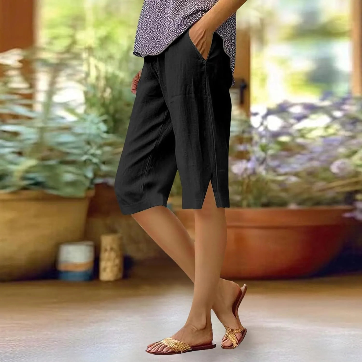 Bermuda Shorts for Women Wide Leg Cotton Linen Knee Length Casual Shorts Summer Loose High Waisted Short Capris