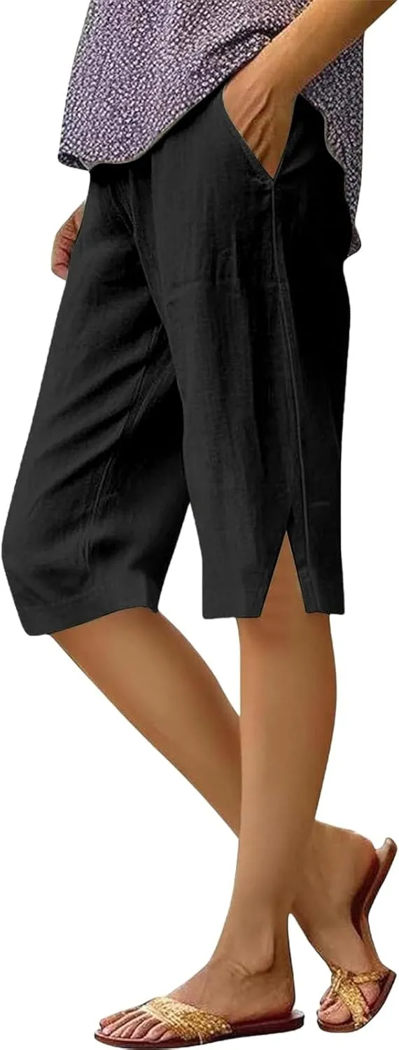 Bermuda Shorts for Women Wide Leg Cotton Linen Knee Length Casual Shorts Summer Loose High Waisted Short Capris
