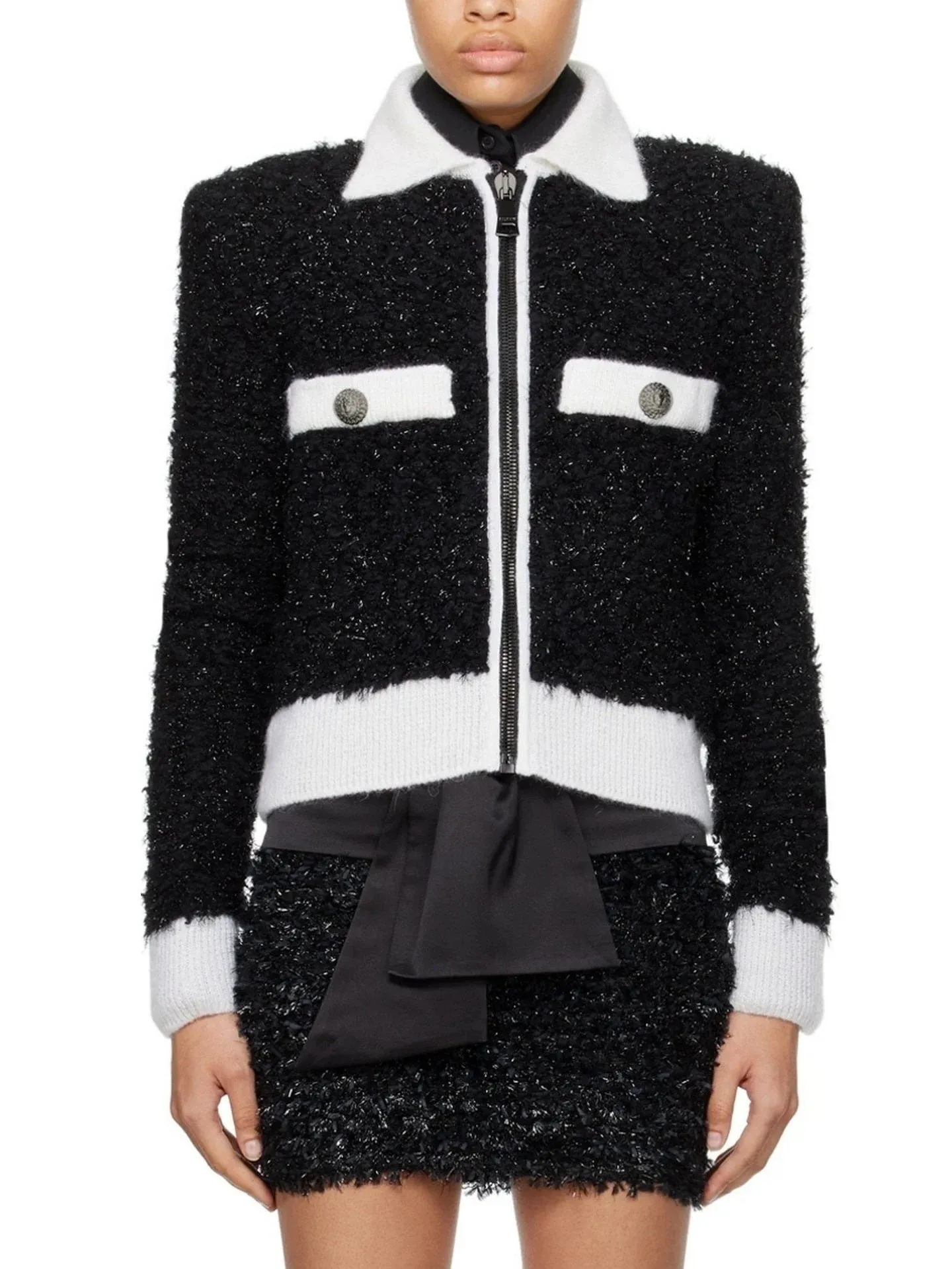 Black and White Tweed Textured Jacket with Zip Closure