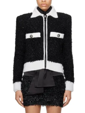 Black and White Tweed Textured Jacket with Zip Closure