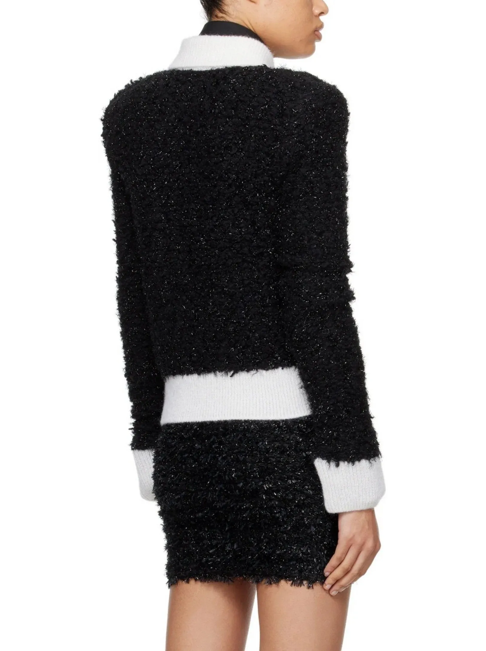 Black and White Tweed Textured Jacket with Zip Closure