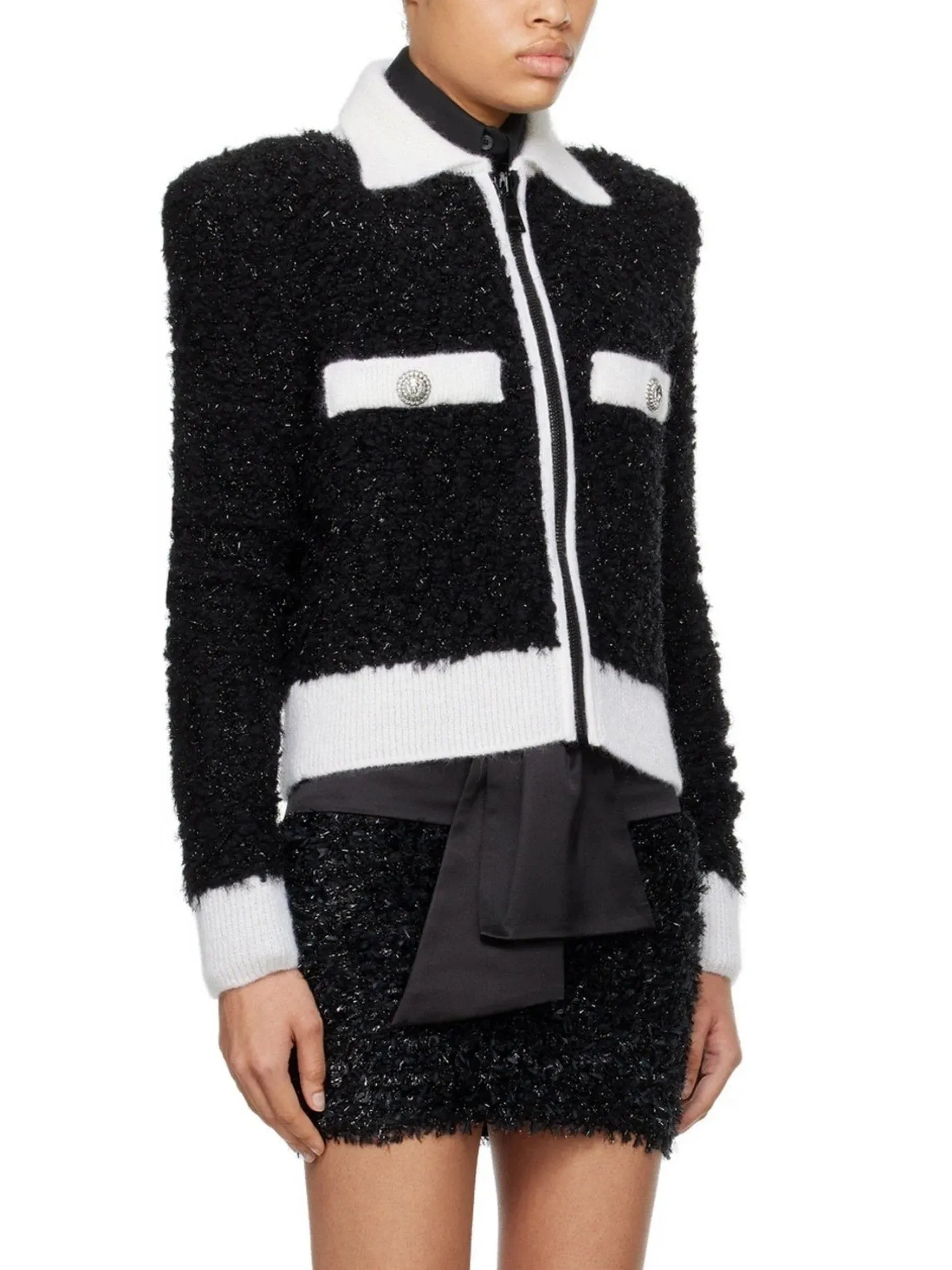 Black and White Tweed Textured Jacket with Zip Closure