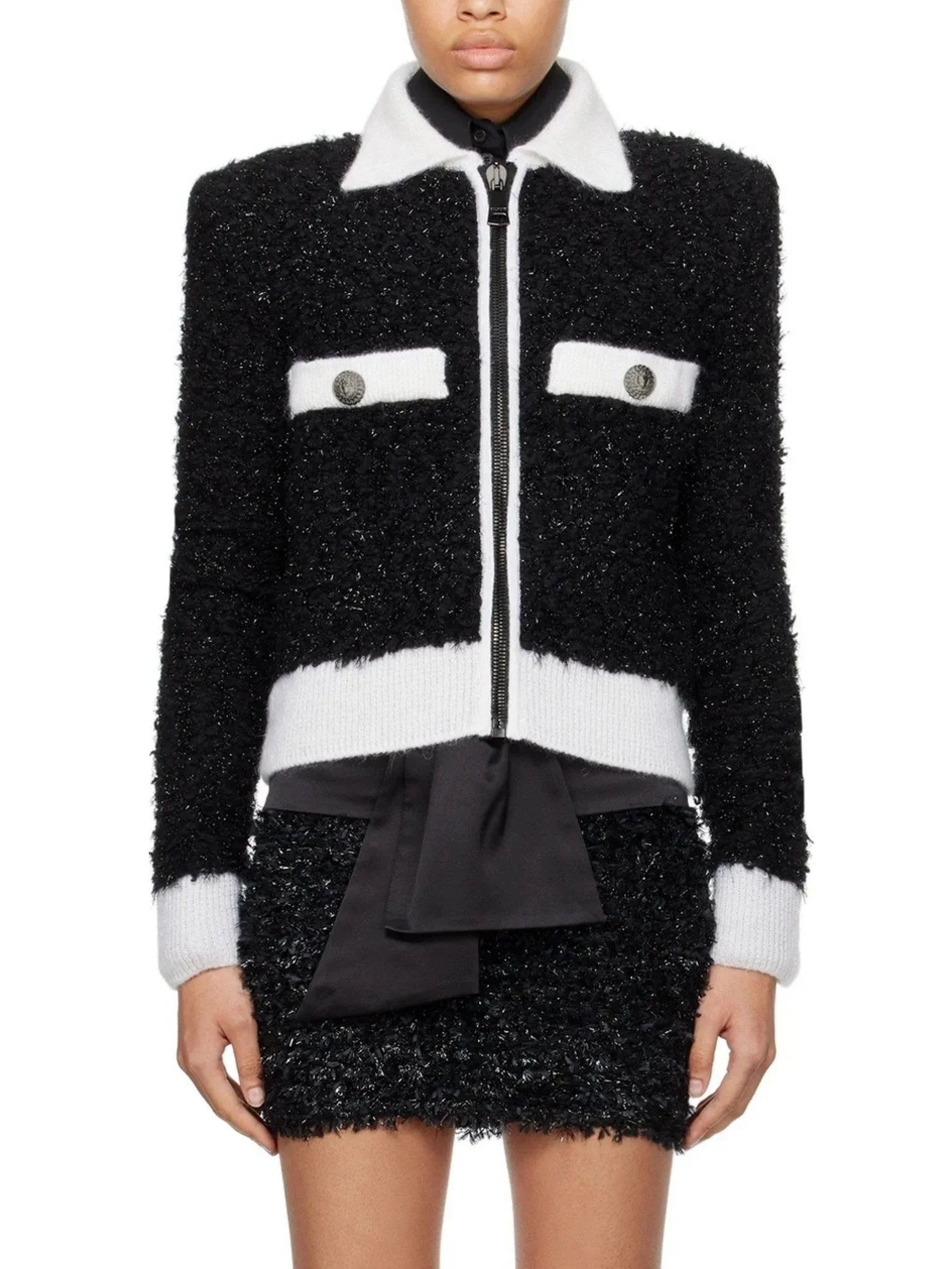 Black and White Tweed Textured Jacket with Zip Closure