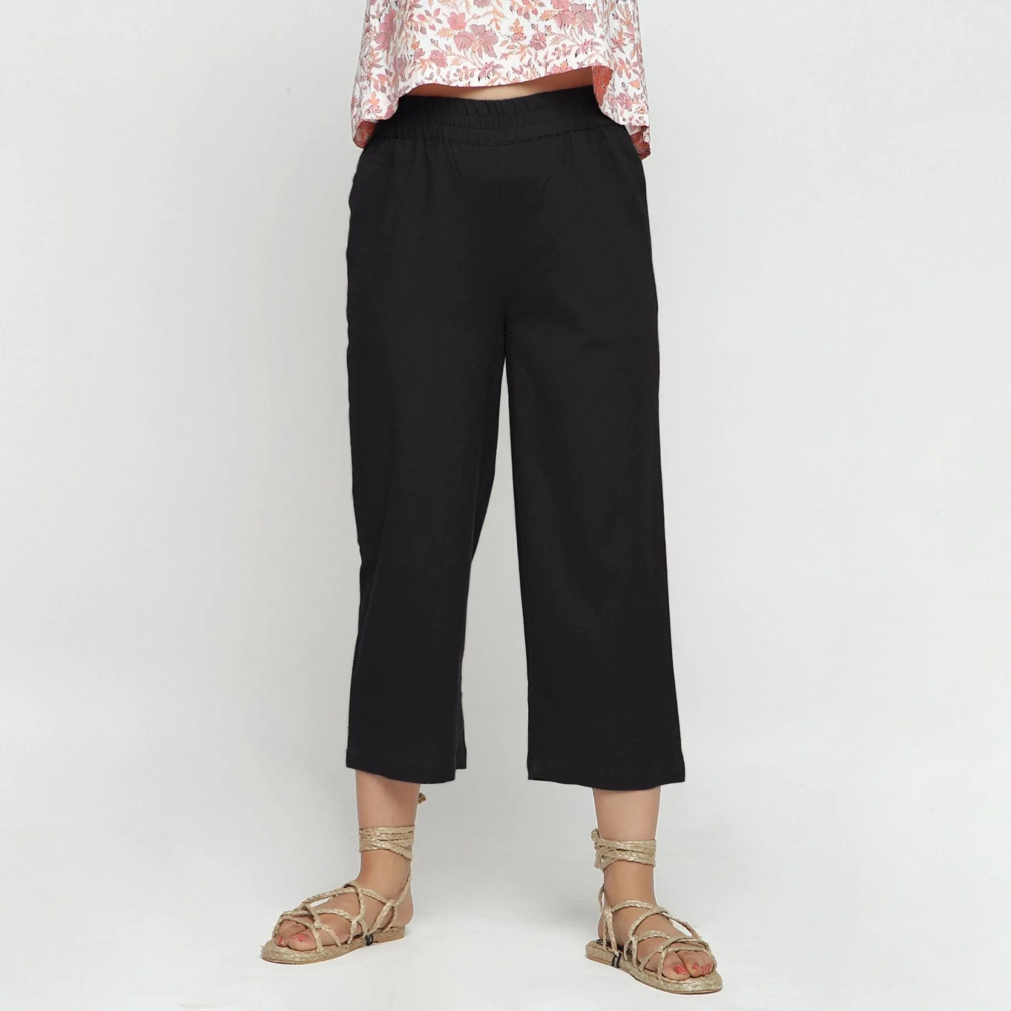 Black Cotton Flax Elasticated Midi-Rise Culottes