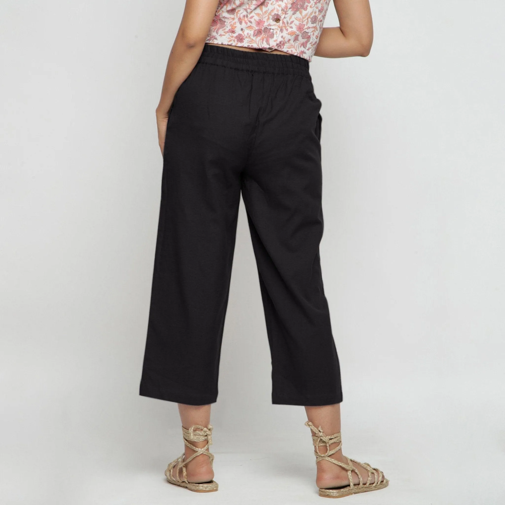 Black Cotton Flax Elasticated Midi-Rise Culottes