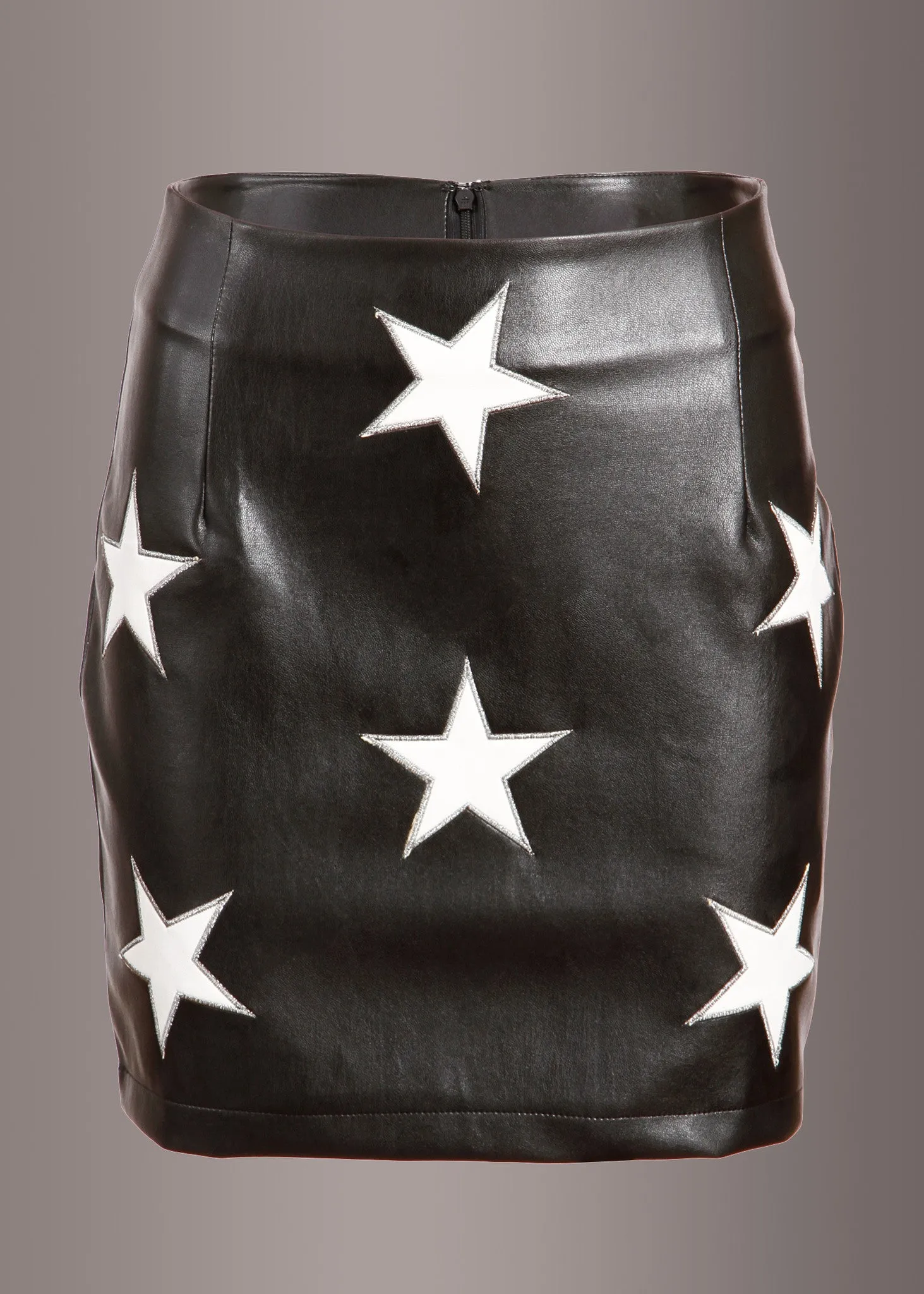 Black Faux Leather Mini Skirt with White Star Embellishments