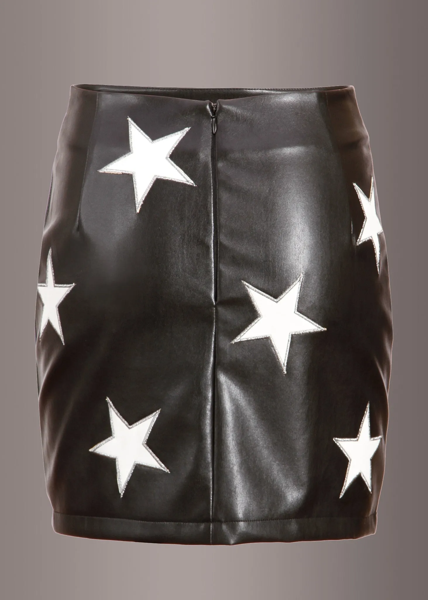 Black Faux Leather Mini Skirt with White Star Embellishments