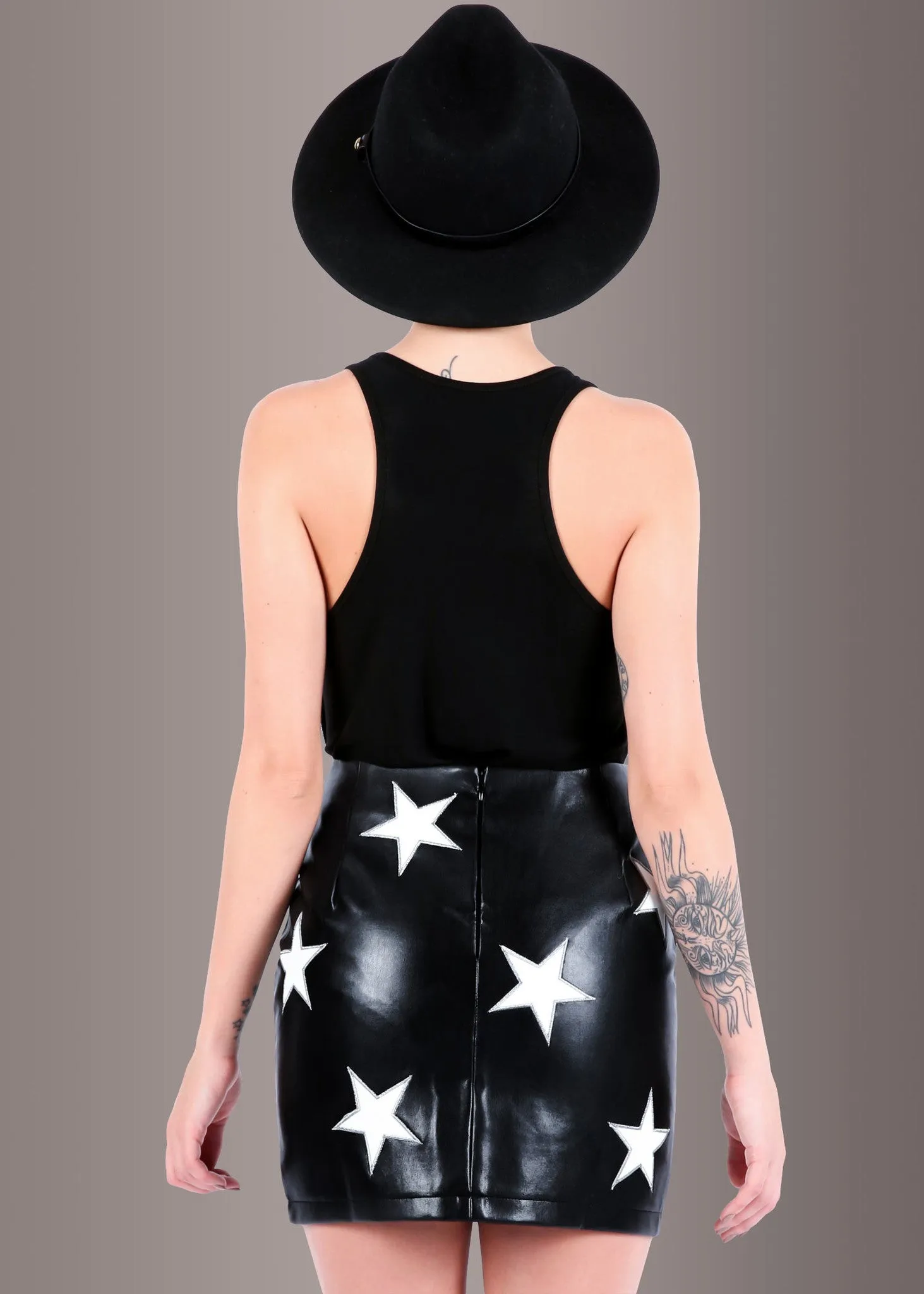 Black Faux Leather Mini Skirt with White Star Embellishments