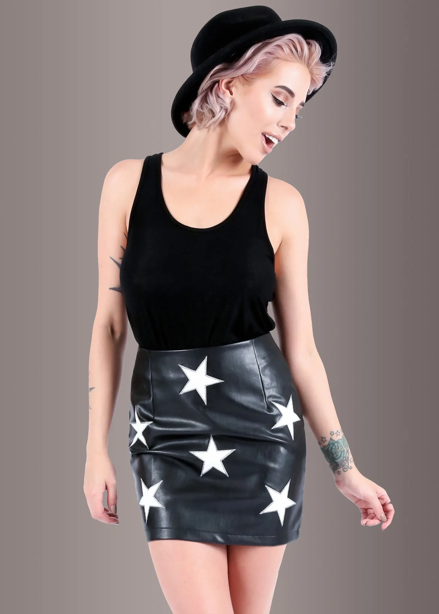 Black Faux Leather Mini Skirt with White Star Embellishments