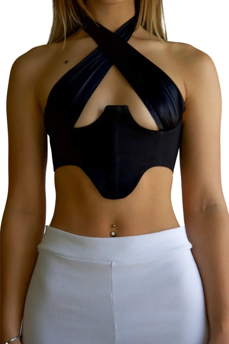 Black Halter Wrap Satin Corset Crop Top