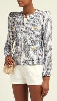 Blue Cotton-Blend Tweed Jacket