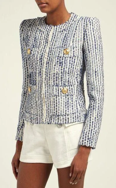 Blue Cotton-Blend Tweed Jacket