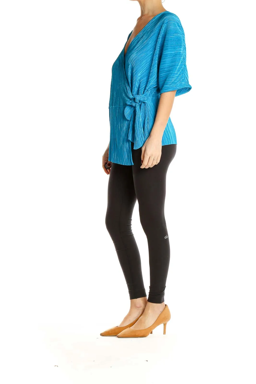 Blue Textured Wrap-Style Blouse