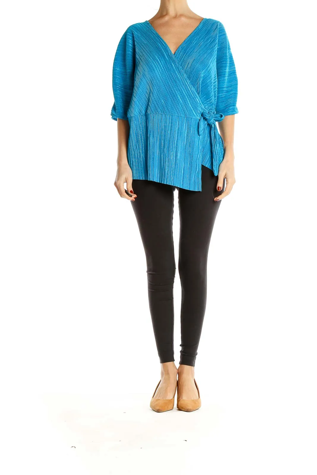 Blue Textured Wrap-Style Blouse