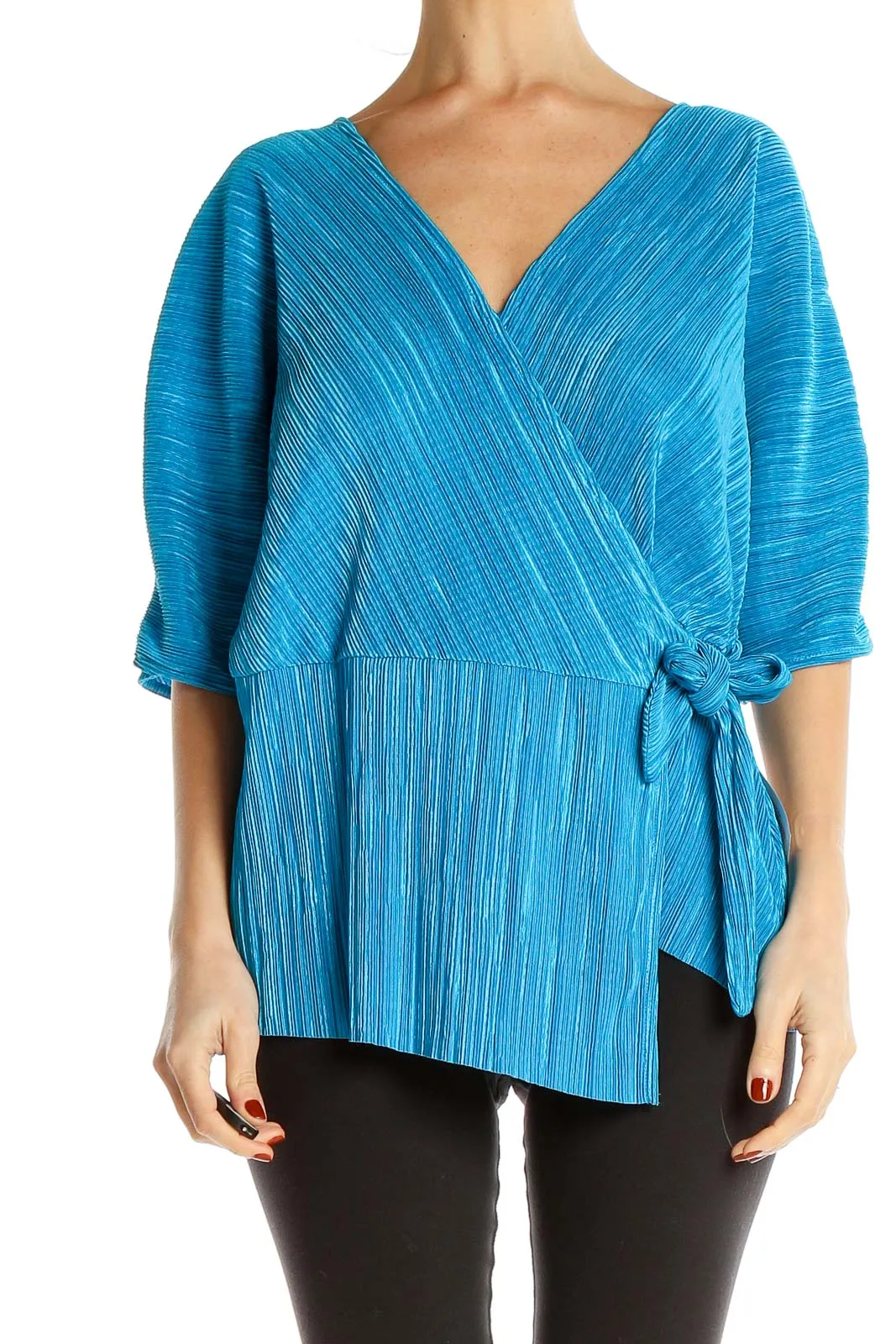 Blue Textured Wrap-Style Blouse