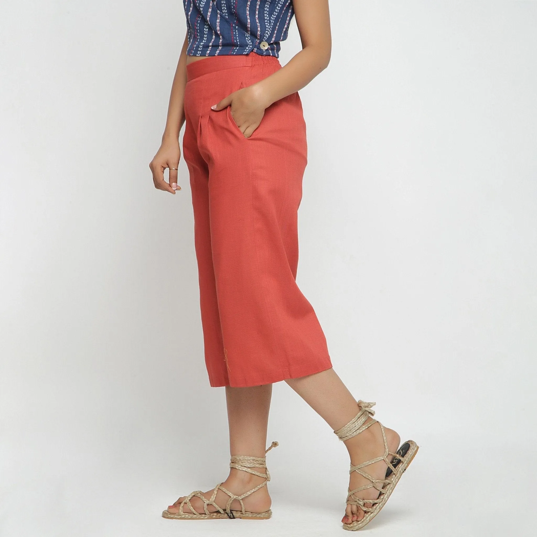 Brick Red 100% Cotton Elasticated High-Rise Culottes