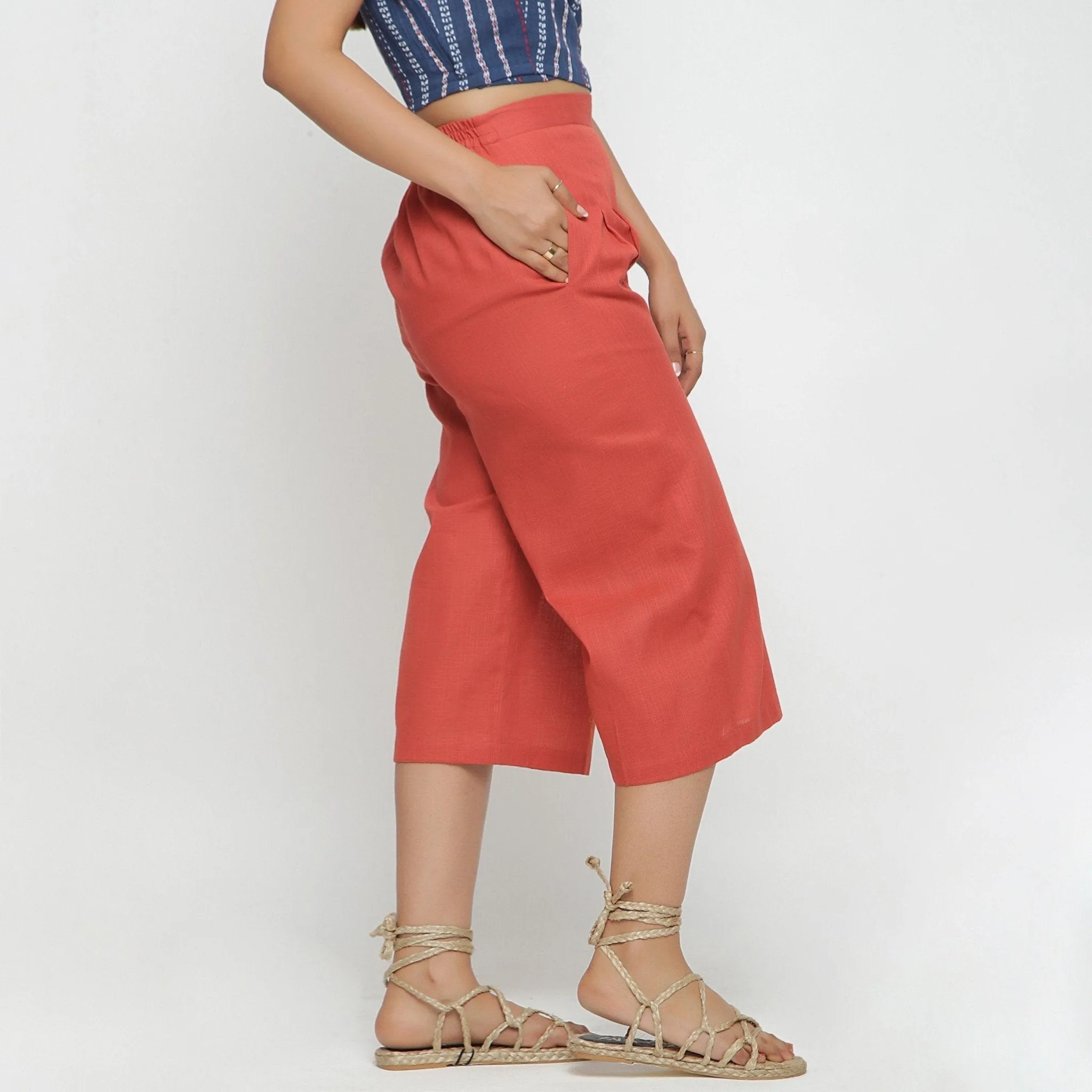 Brick Red 100% Cotton Elasticated High-Rise Culottes