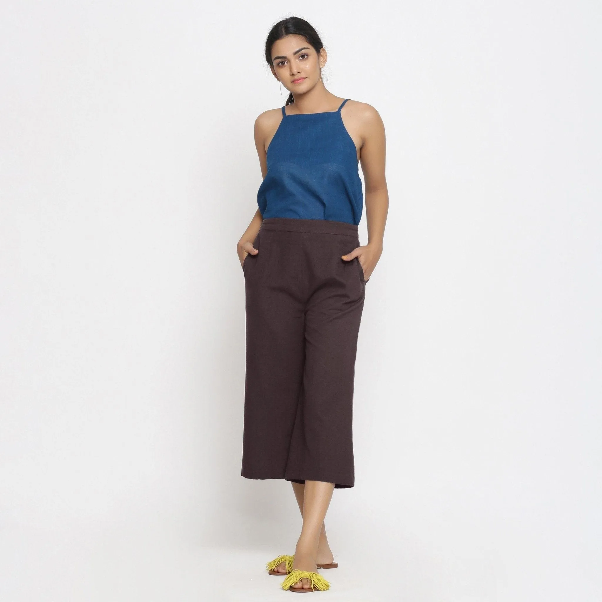 Brown Cotton Flax Elasticated Mid-Rise Culottes