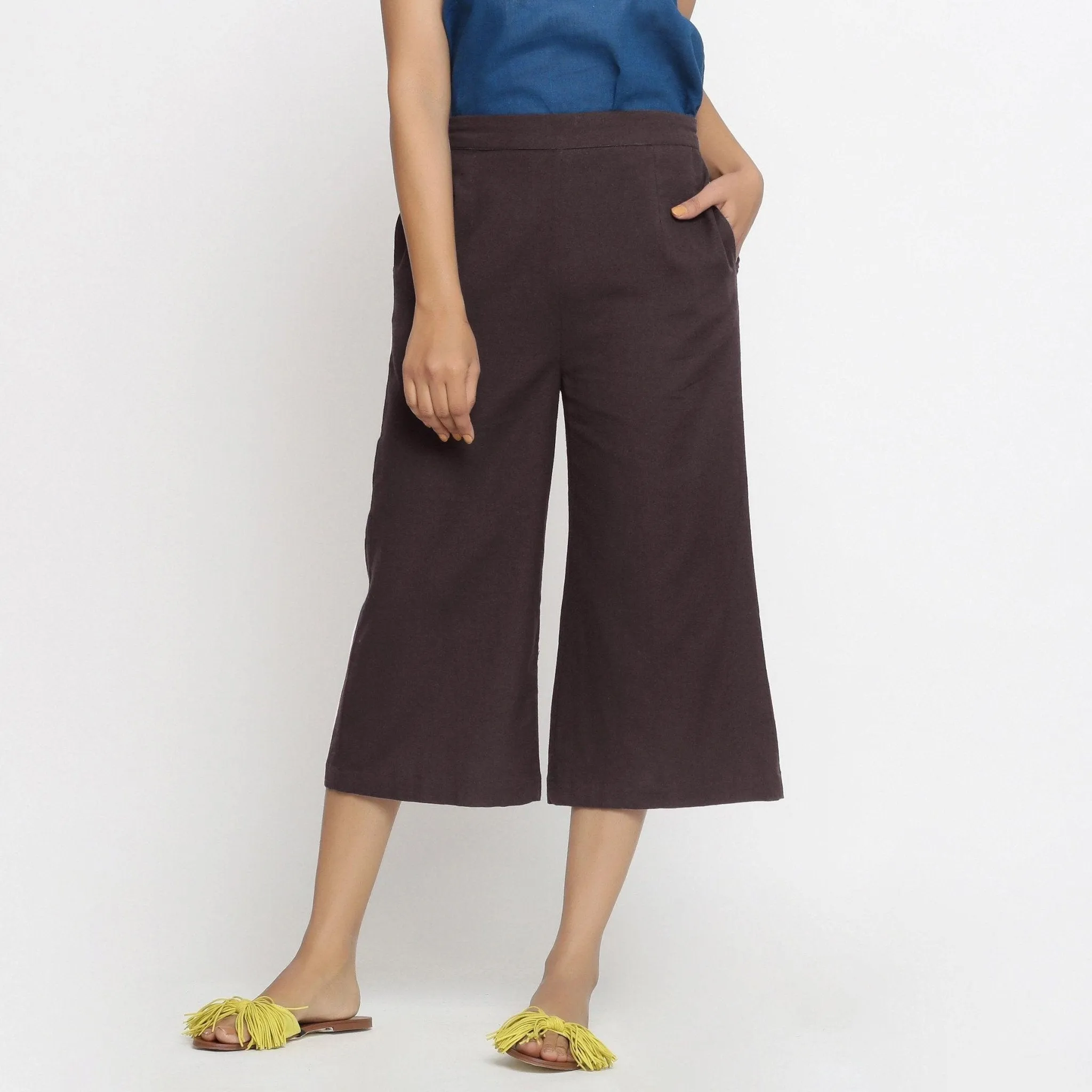 Brown Cotton Flax Elasticated Mid-Rise Culottes