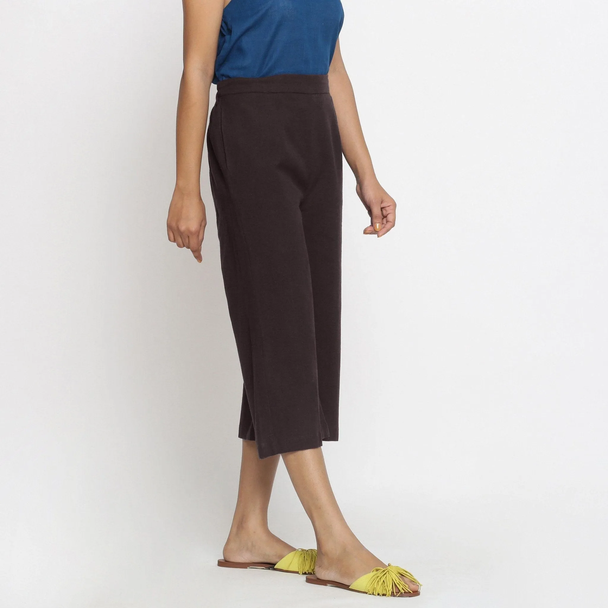 Brown Cotton Flax Elasticated Mid-Rise Culottes