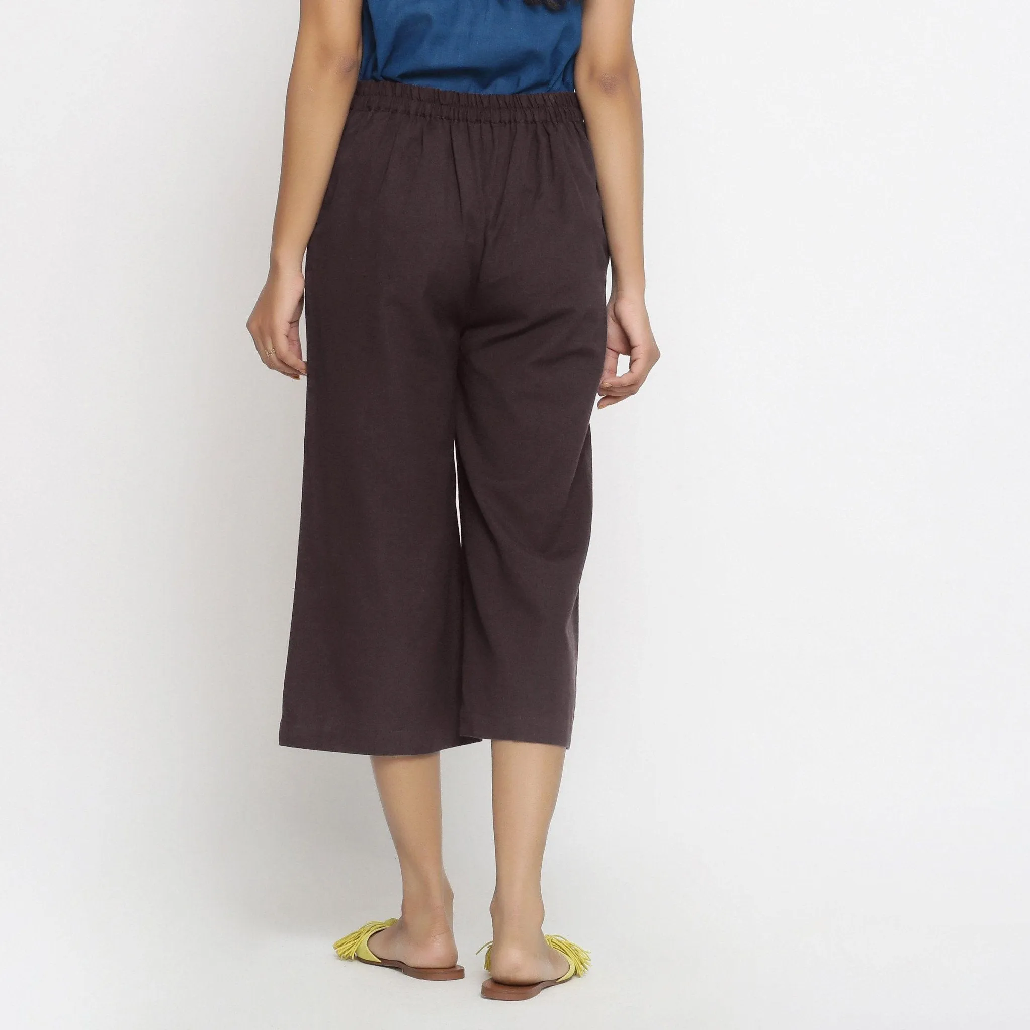 Brown Cotton Flax Elasticated Mid-Rise Culottes
