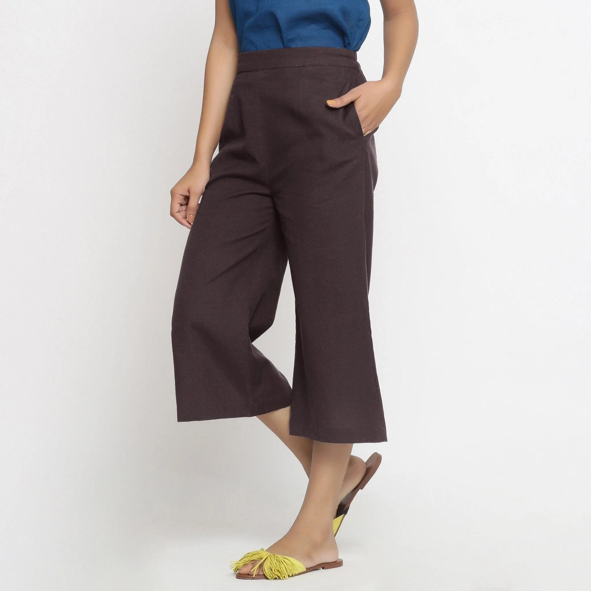Brown Cotton Flax Elasticated Mid-Rise Culottes