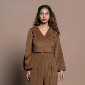 Camel Brown Cotton Velvet Full Sleeve Wrap Crop Top