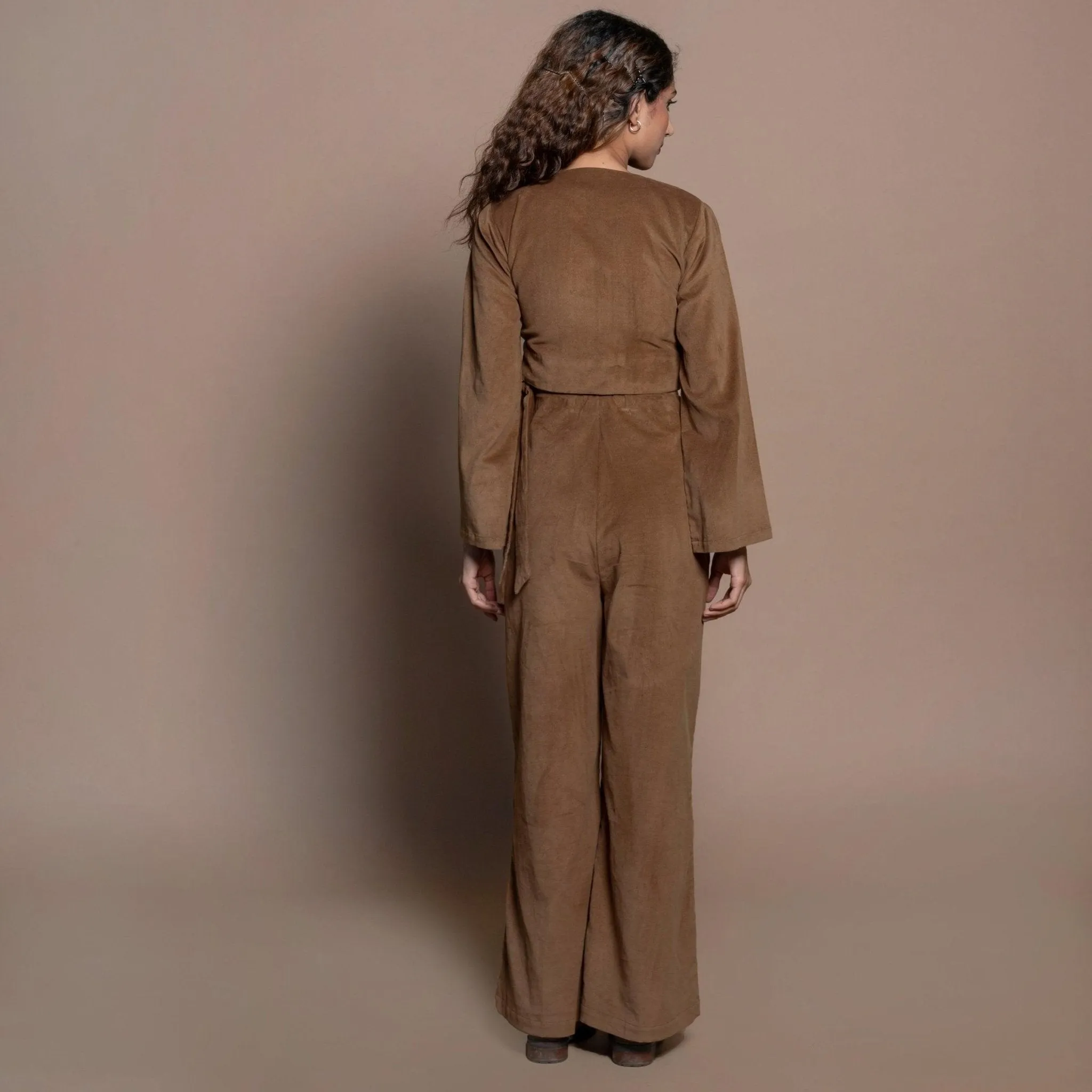 Camel Brown Cotton Velvet Full Sleeve Wrap Crop Top
