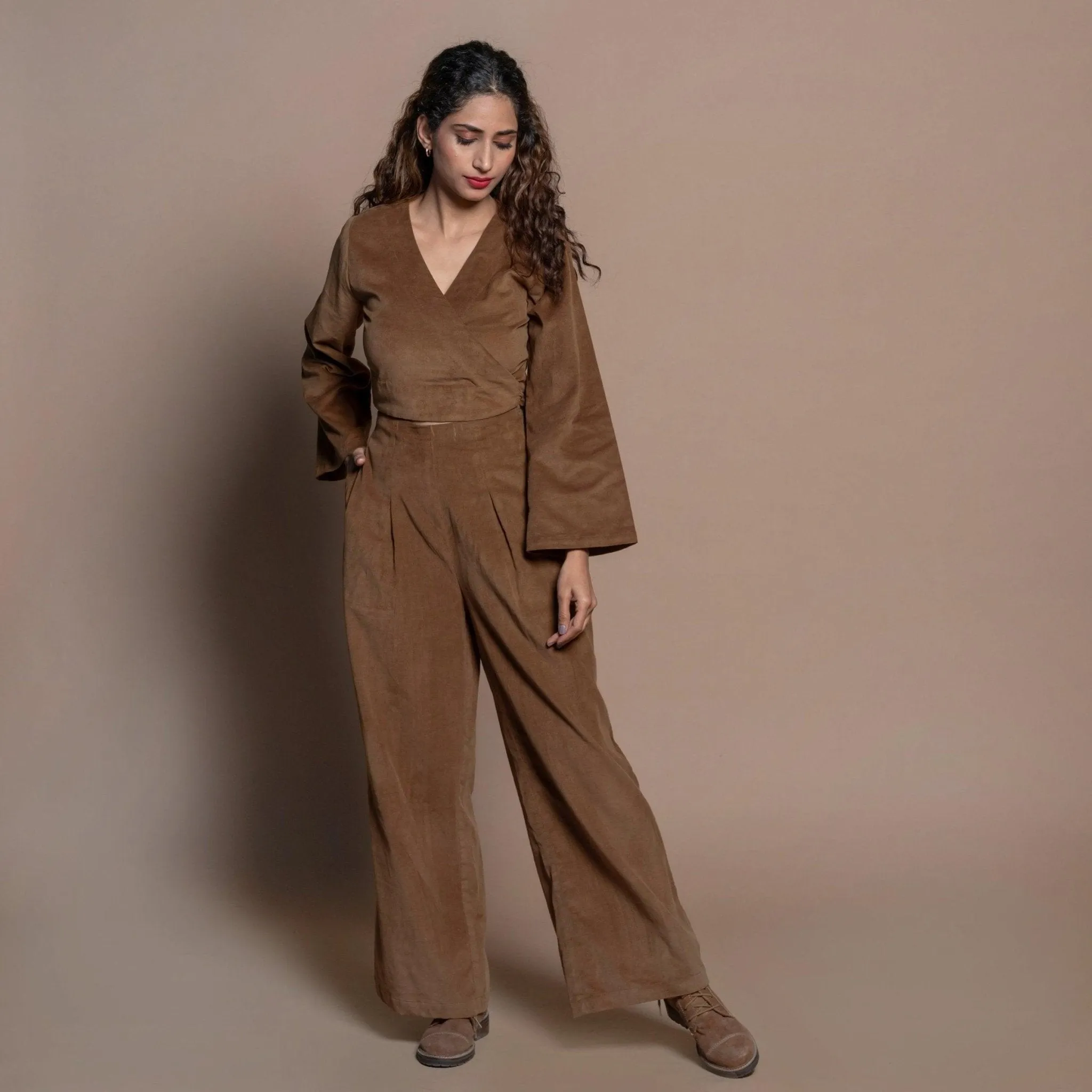 Camel Brown Cotton Velvet Full Sleeve Wrap Crop Top
