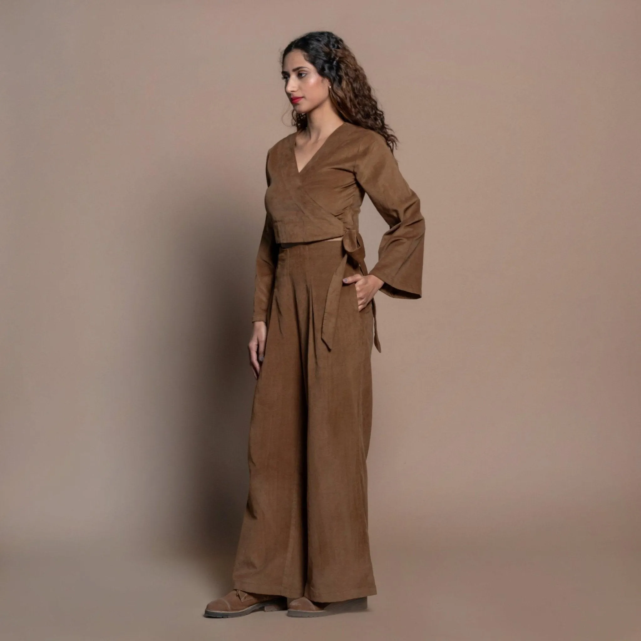 Camel Brown Cotton Velvet Full Sleeve Wrap Crop Top