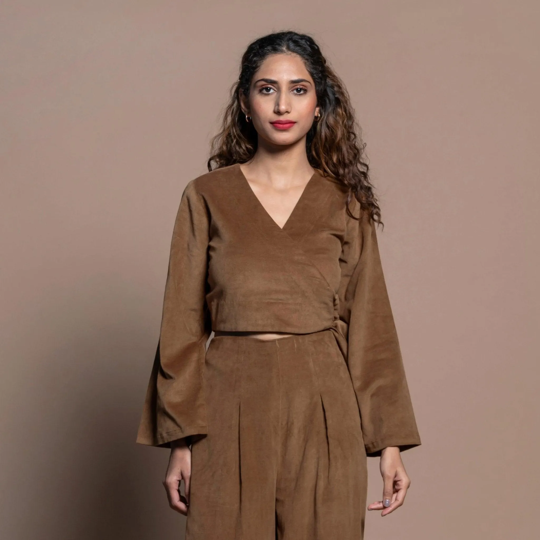 Camel Brown Cotton Velvet Full Sleeve Wrap Crop Top