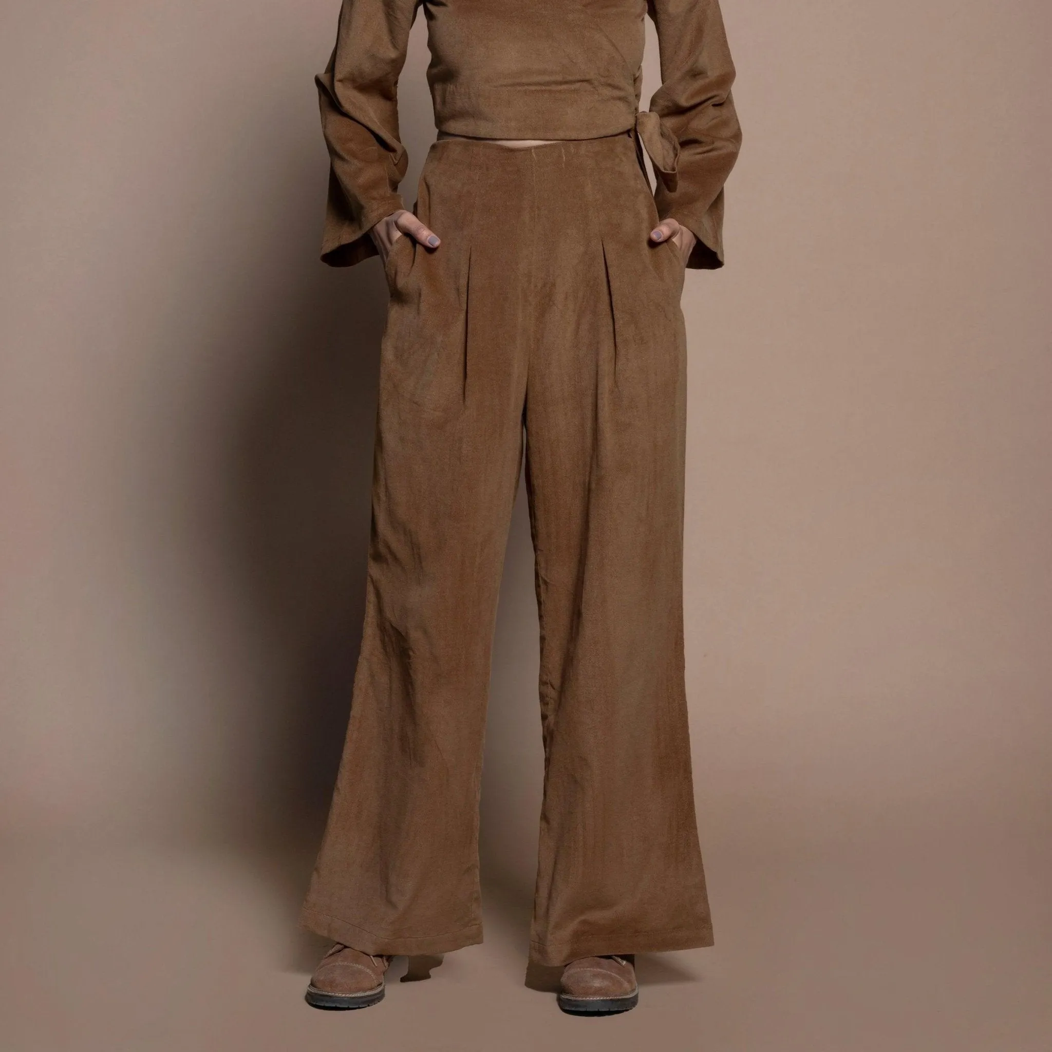Camel Brown Cotton Velvet Full Sleeve Wrap Crop Top